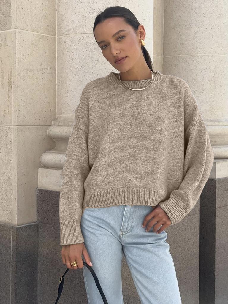 Round Neck Casual Loose Women Sweater 2026 Autumn Winter Pullover Short Sweaters Solid Color Basic Tops Fashion Simple Long Sleeve Elegant Clothing