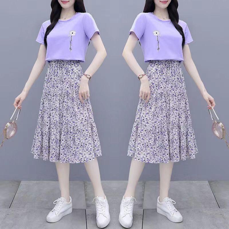 WTEMPO Dámská fialová květinová poloviční sukně šifonová sukně střední délky volný elastický pas