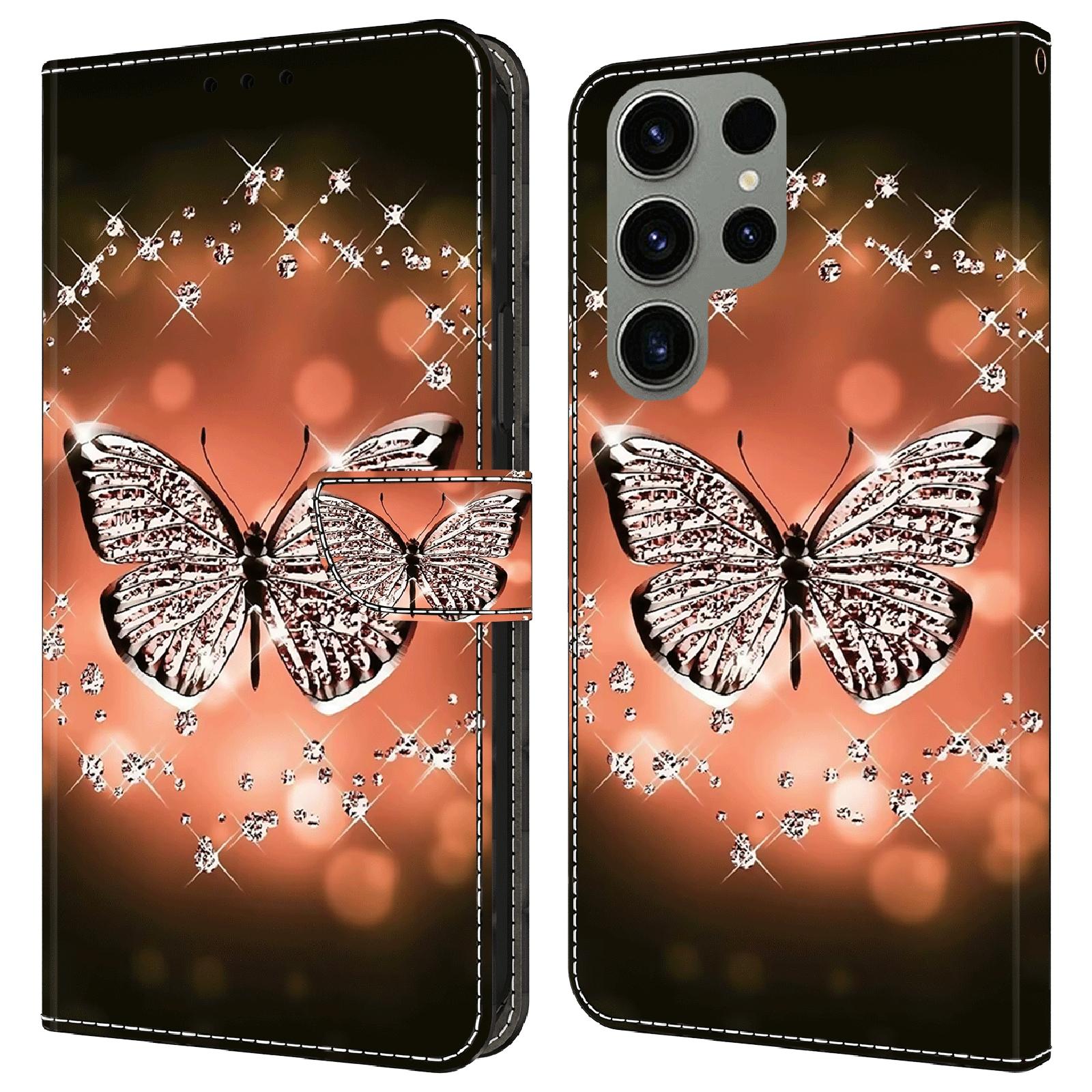 

For Samsung Galaxy S23 Ultra 3D Pattern Phone Case PU Leather Wallet Stand Cover Crystal Butterfly