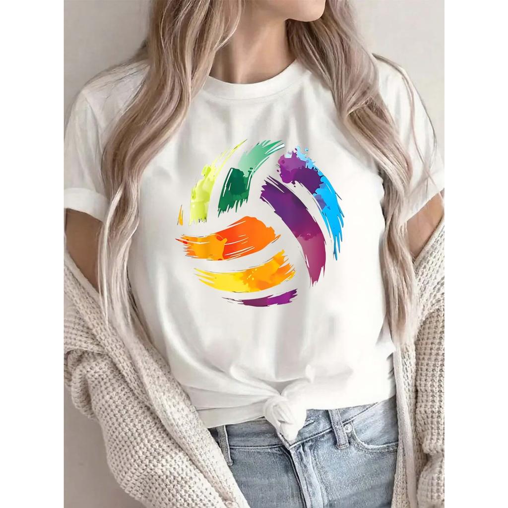 Colorful Volleyball Print Women's Casual T-Shirt, Soft Polyester Round Neck Top