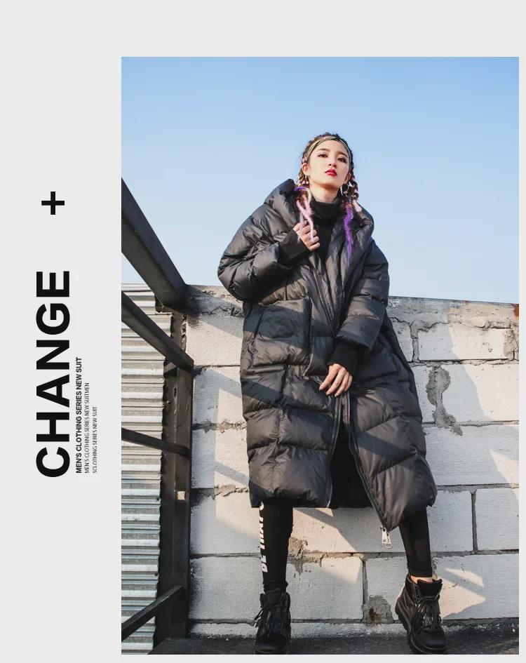 Dámská nadměrná zimní bavlněná bunda s kapucí - Dlouhý, tlustý kabát