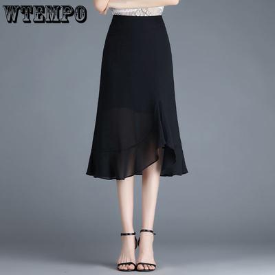 Irregular Fishtail Skirt Chiffon Midi Skirt for Women In Summer High Waist Hanging Feeling One Step Skirt for Women with Buttocks Wrapped