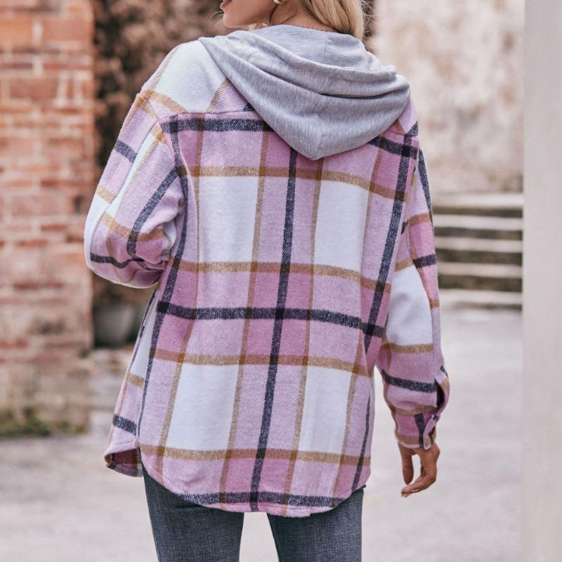 New Autumn and Winter Fashion Women's Hooded Casual Jacket Mid-length Plaid Shirt
