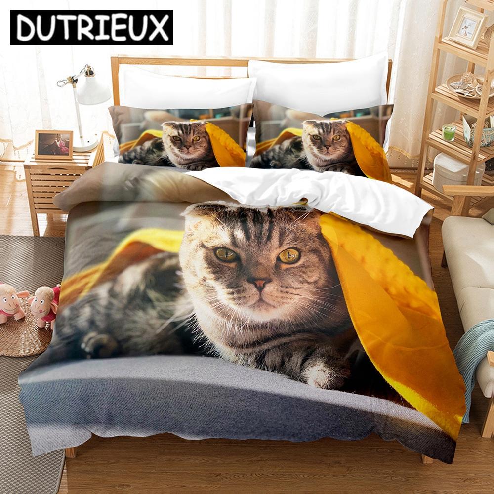 3D Cat Bedding Set Scottish Fold Lovely Cats Printed Comforter Duvet Cover Queen King Single Size Home Textile Bedroom Decor