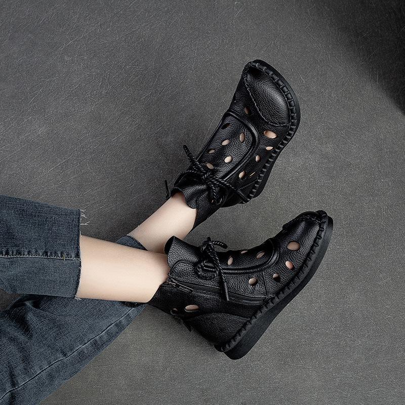 Roman Style Lace Up Ankle Boots Hollow Out Perforated Round Toe Women Flats