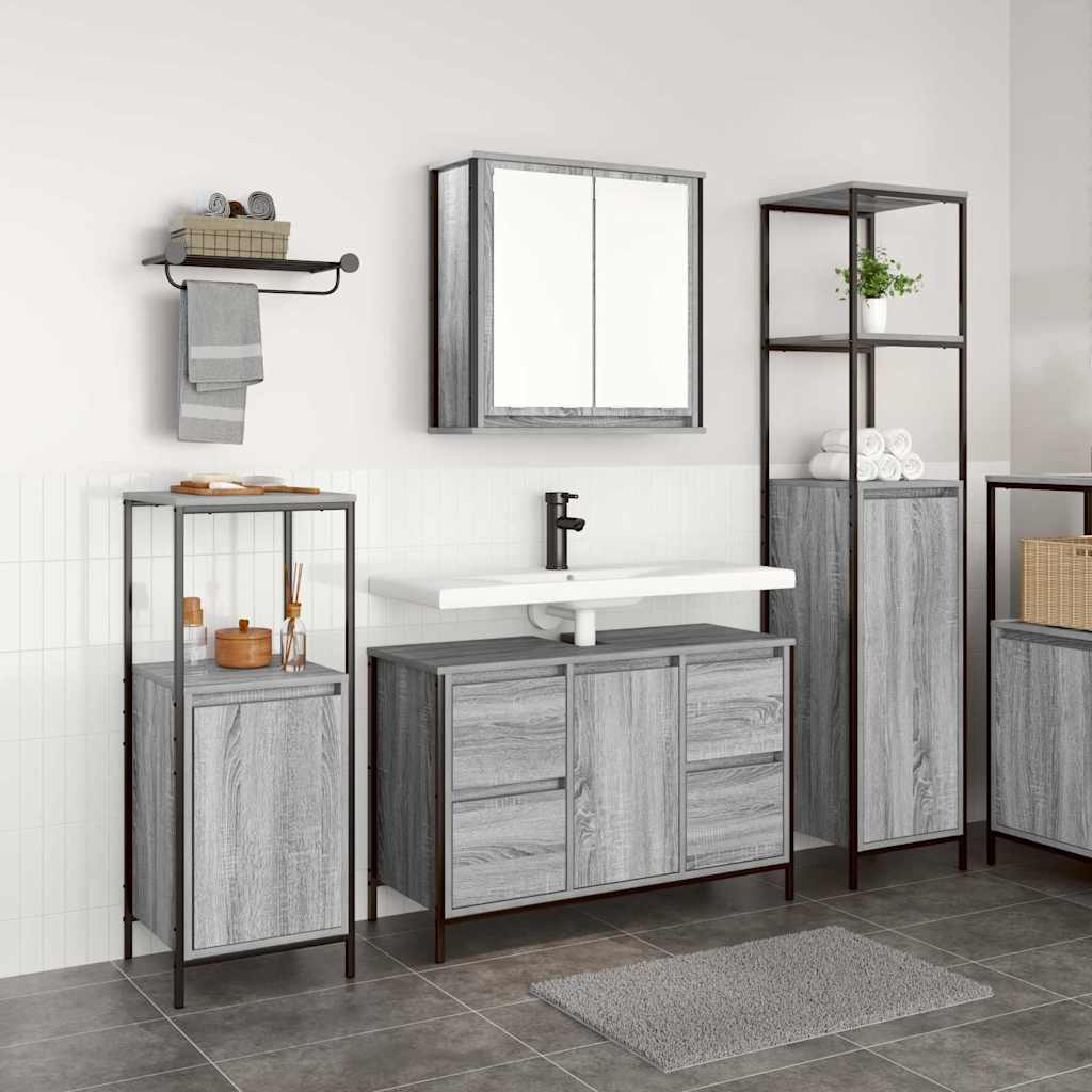 Bathroom Furniture Set with Shelf 3 pcs Grey Sonoma and Black