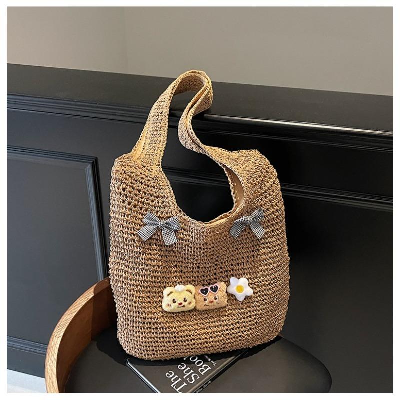 

Spring popular large-capacity hollow design woven bag women s new bow shoulder straw woven tote bag хаки