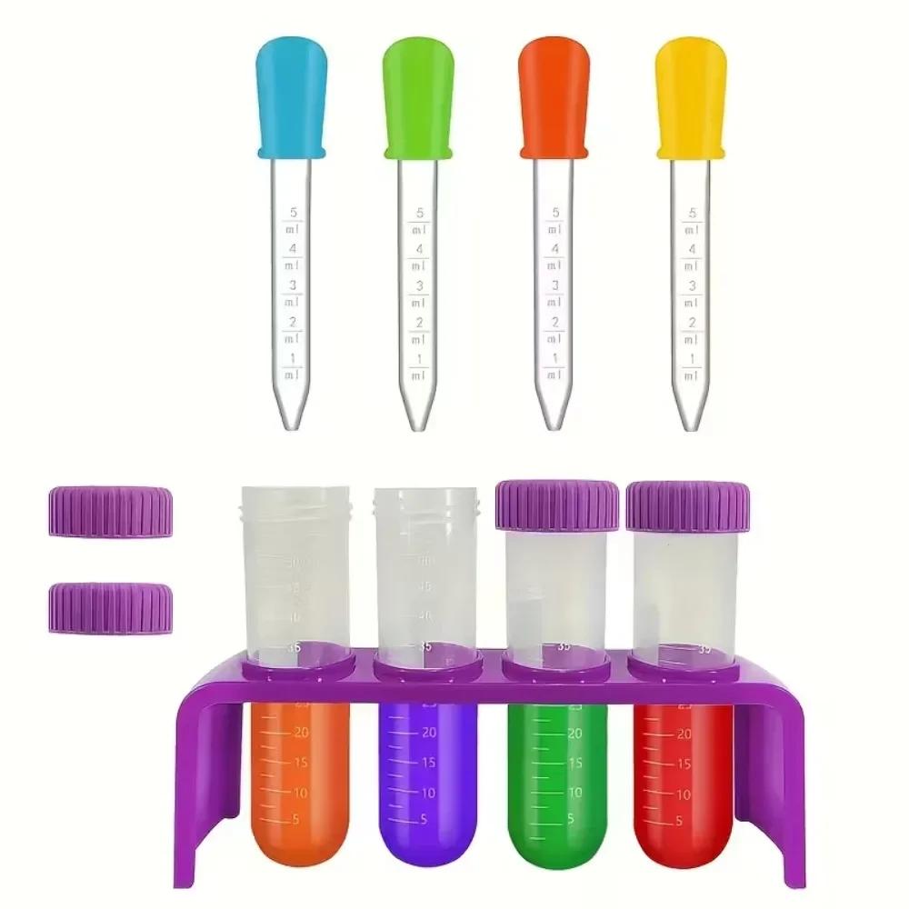 Test Tubes 4Pcs Test Tubes With Rack Plastic Test Tubes With Caps Science Tubes Bottles Holder For Scientific Experiments Set