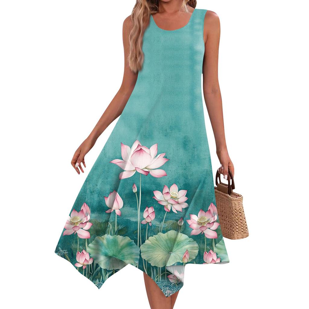 Women's Casual Fashion Round Neck Sleeveless Print Irregular Hem Midi Dress Hem Midi Dress