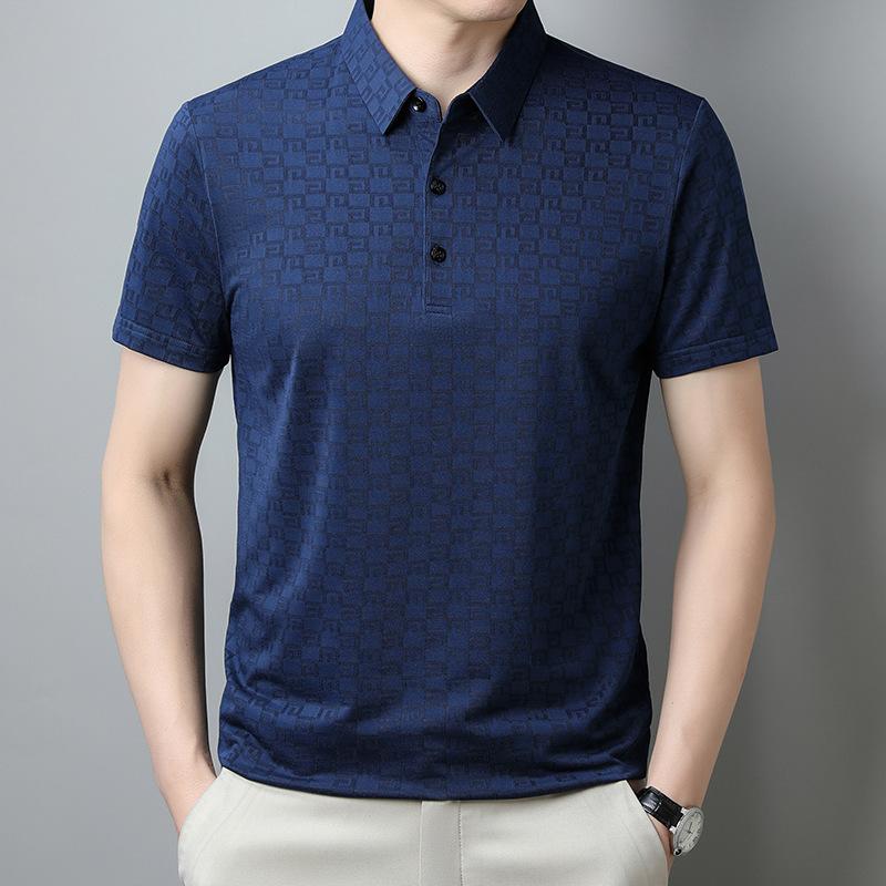 Ice Silk Hidden Plaid Polo Shirt Men'S Short-Sleeved T-Shirt Half-Sleeved Summer Lapel Breathable Medium Green