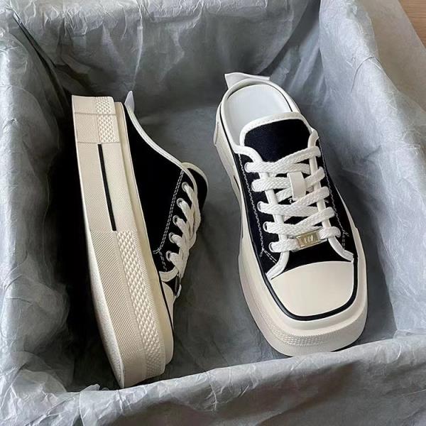 Fashion Square Toe Shoes Slippers Flat Low Slipers Women Slides Cover 2025 Soft Cotton Fabric Casual Canvas Lace-Up Spring Rome Rubber H