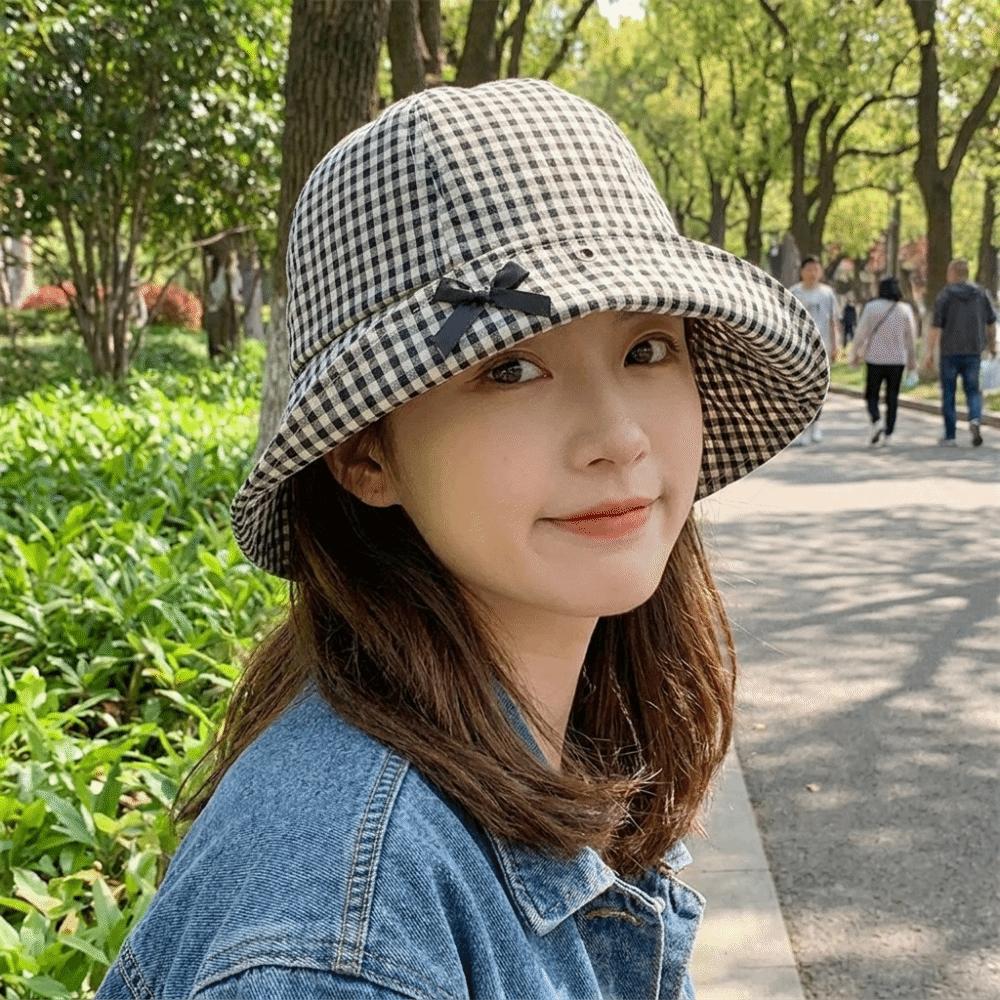 Gingham Check Plaid Bucket Hat Casual Fisherman Hat Stylish Wide Brim Sun Hat Beach