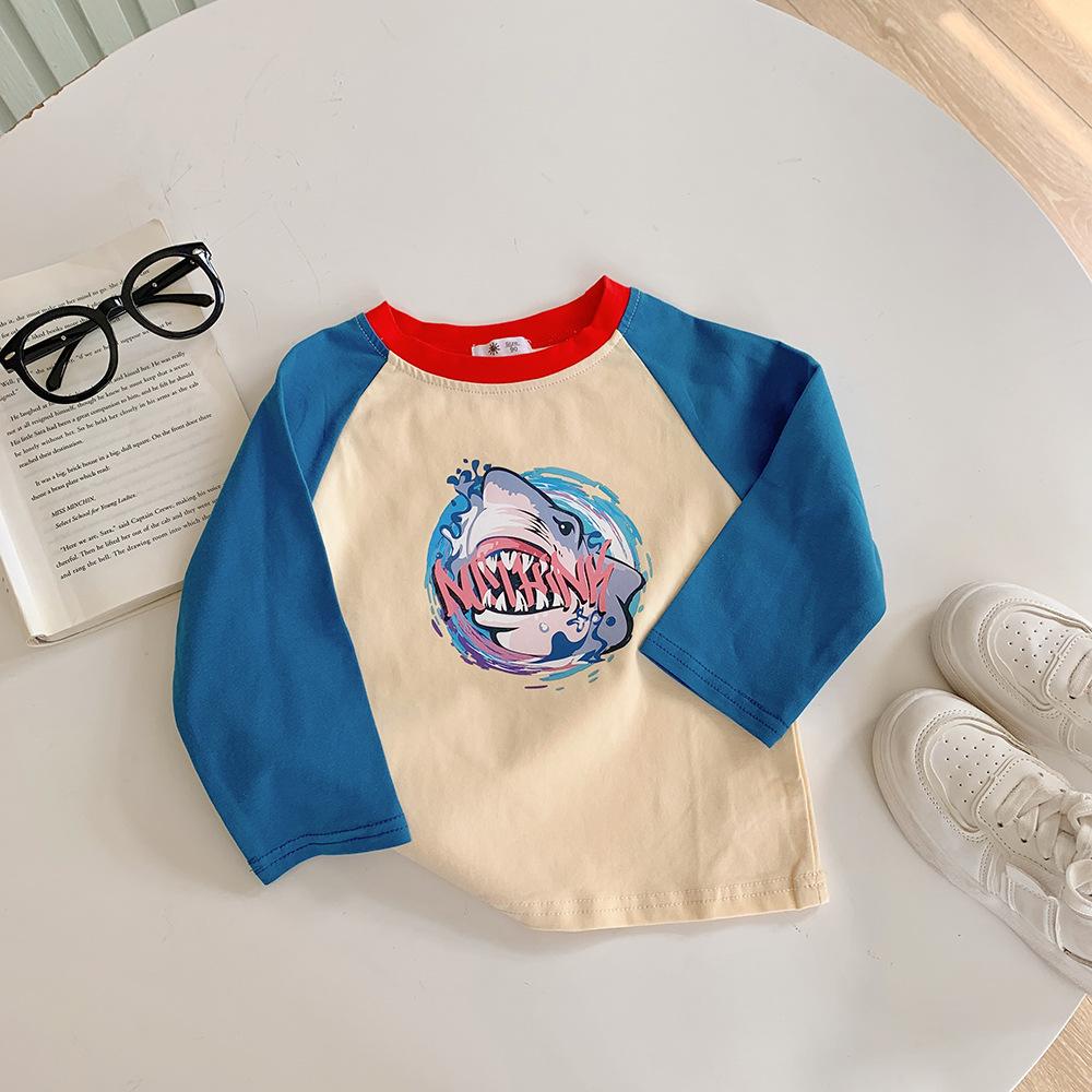

Детская рубашка с длинным рукавом с мультяшным принтом акулы и буквенным принтом, топы, футболка, детская футболка для детей старше 3 лет