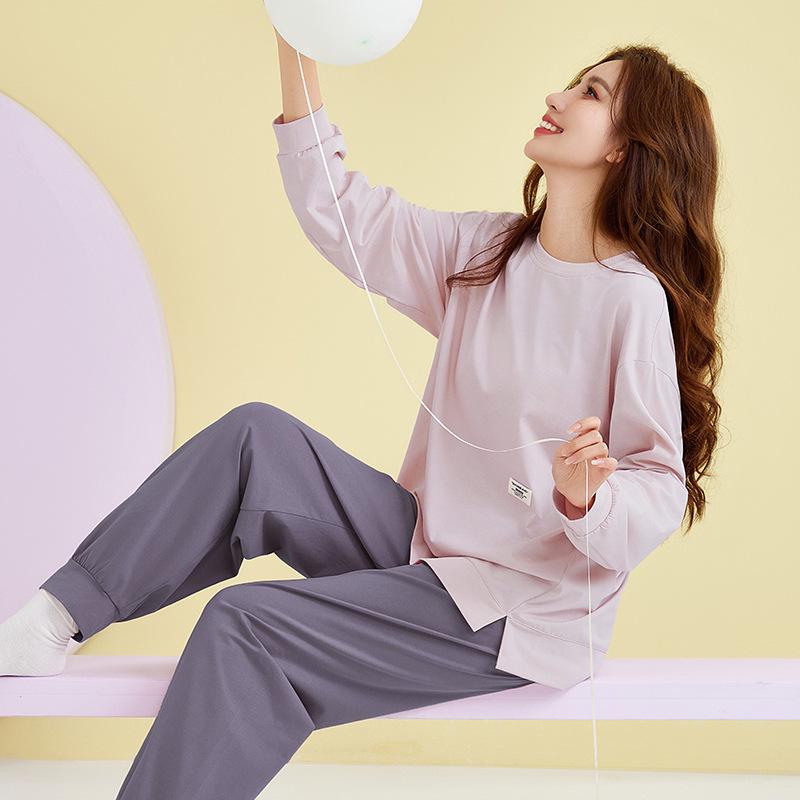 2025 Women's 100% Cotton Pajamas, Round Neck Long Sleeve Pullover, Casual Autumn/Spring Homewear Set