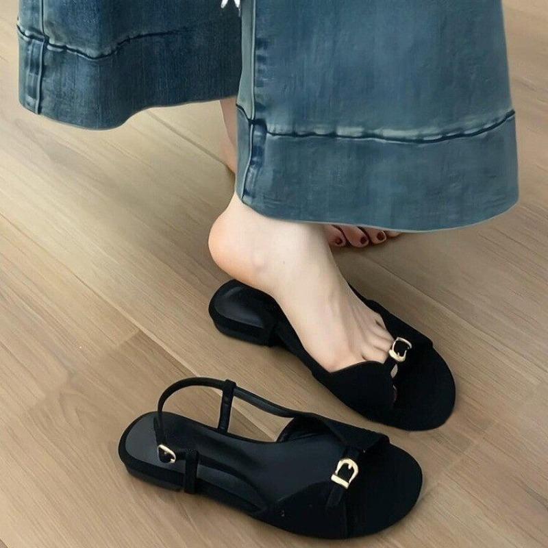 Vintage Flat Sandals Women's Summer New Round Toe Open Toe Metal Buckle One Slip Strap Soft Sole Anti-slip Roman Shoes