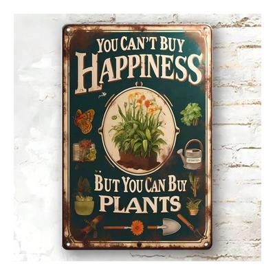 Vintage Metal Wall Art Poster with Happiness Quote and Plants Decor for Garden
