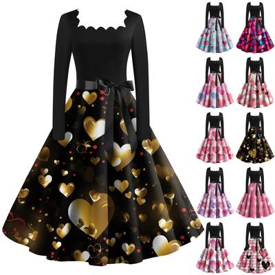 Women's Vintage Classic Dress Long Sleeve Valentine's Day Print Square Collar Swing Dress