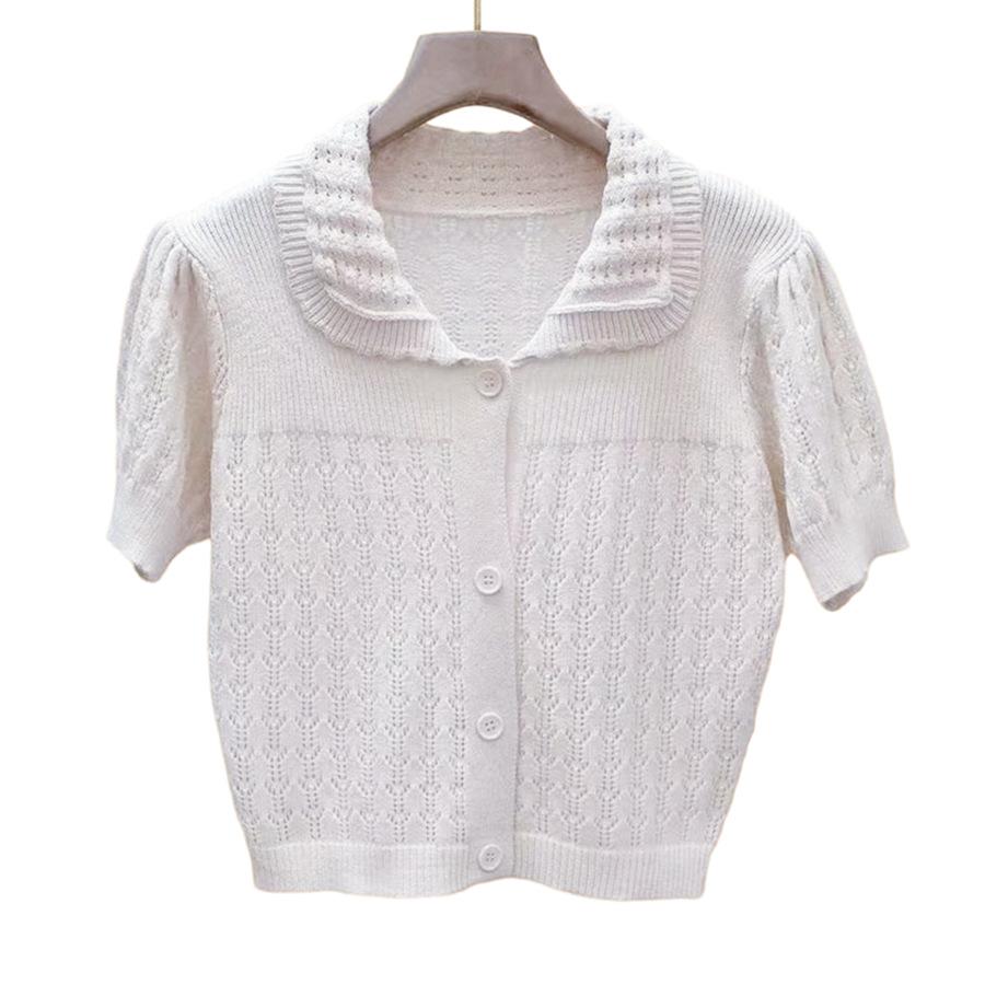 Sladký pletený svetr s výřezy Dámský letní design Jemný vítr Japonské krátké topy Ležérní základní Pohodlí a styl Slim fit Pulovry Trička