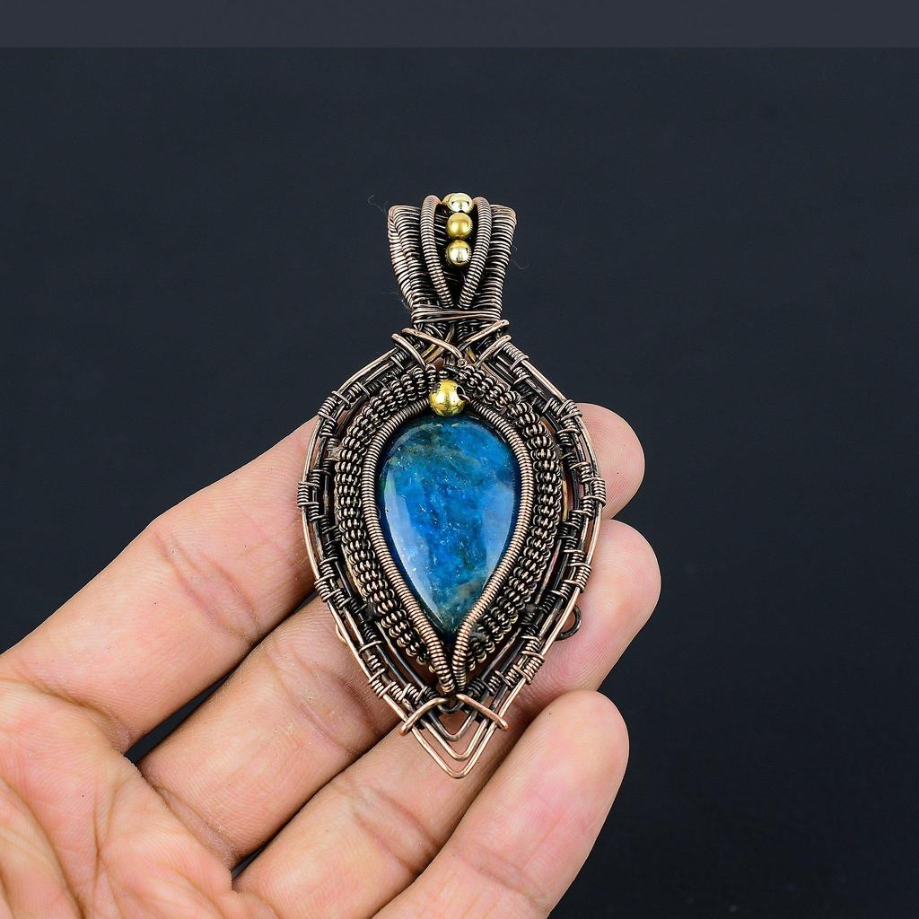 Neon Blue Apatite Gemstone Pendant 999 Copper Wire Wrapped Jewelry, Handmade Antique Pendant Jewelry, Gift For Mother