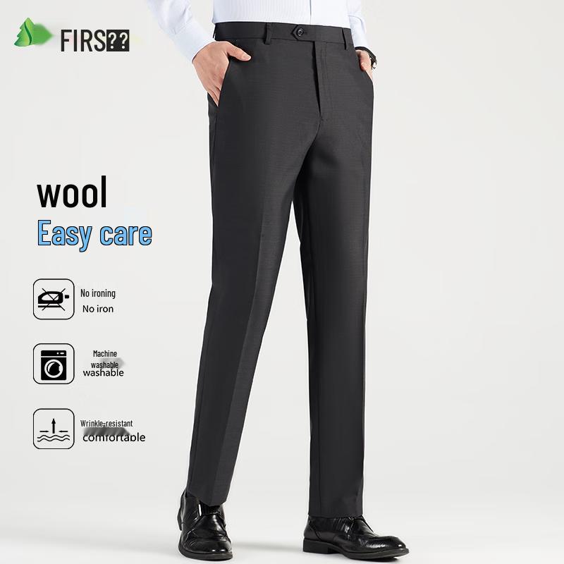 Calças Sociais Masculinas de Lã Mista, Antirrugas, Corte Reto