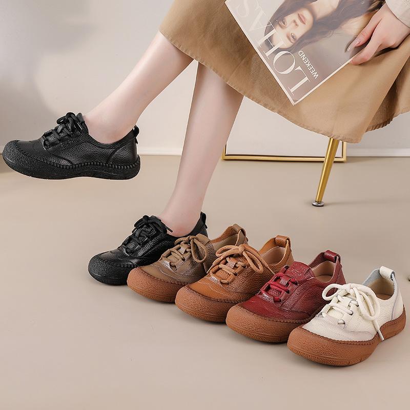 New Round Toe Oxfords Shoes For Woman Flat Laced Up Moccasins Wine Red Flats Women'S Genuine Leather Loafer Ladies Driving Flats