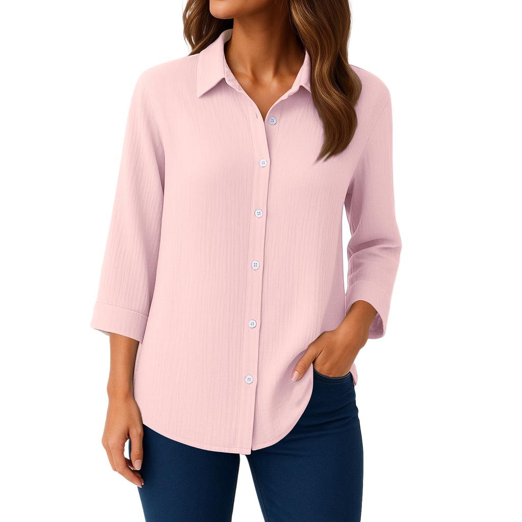 Womens Button Down Shirts 3/4 Sleeve Casual Collared Shirt Loose Blouses Solid Color Tops With Pocket