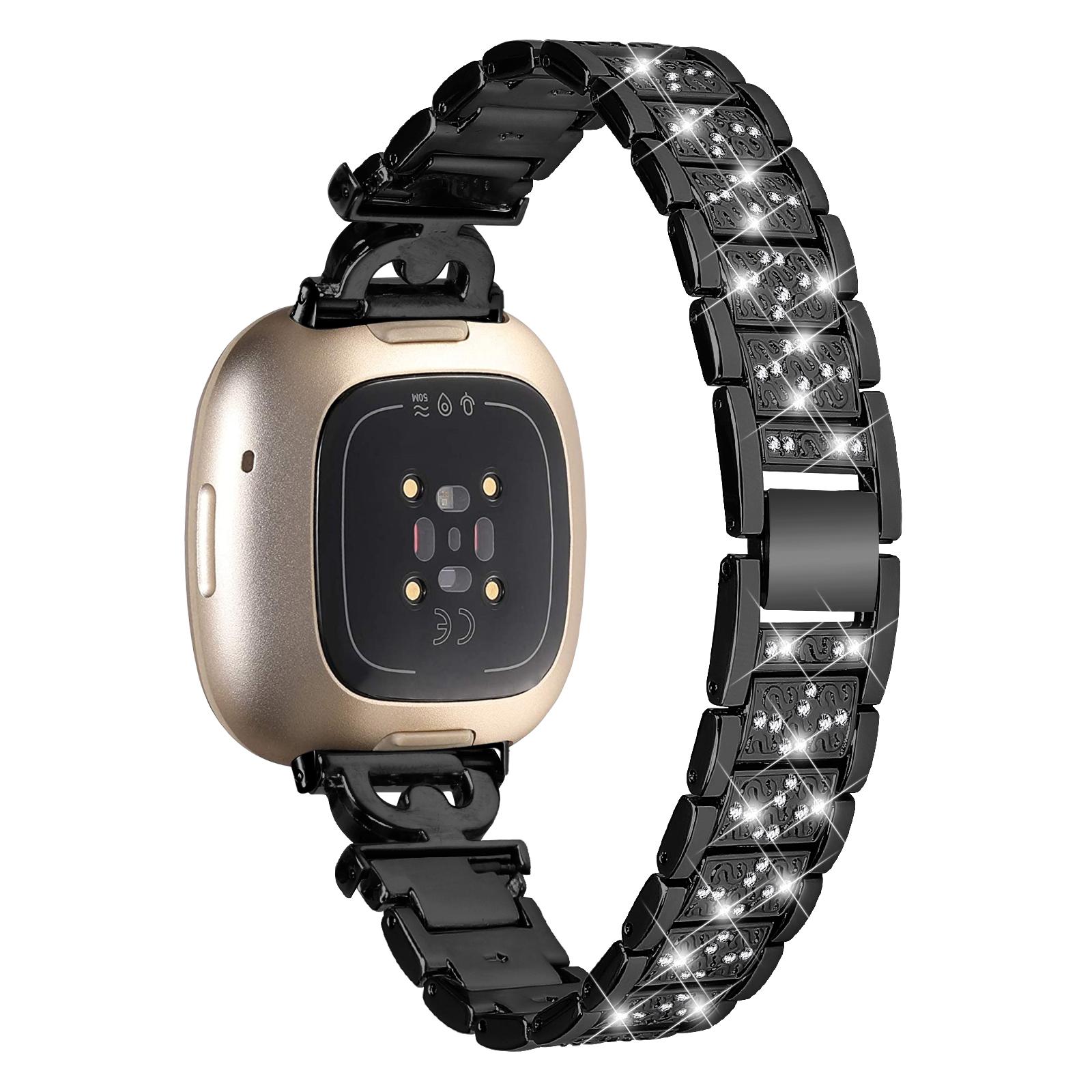 

3-Bead Rhinestone Decor Smartwatch Strap for Fitbit Versa 3/Sense,Stainless Steel Watch Band Replacement Black