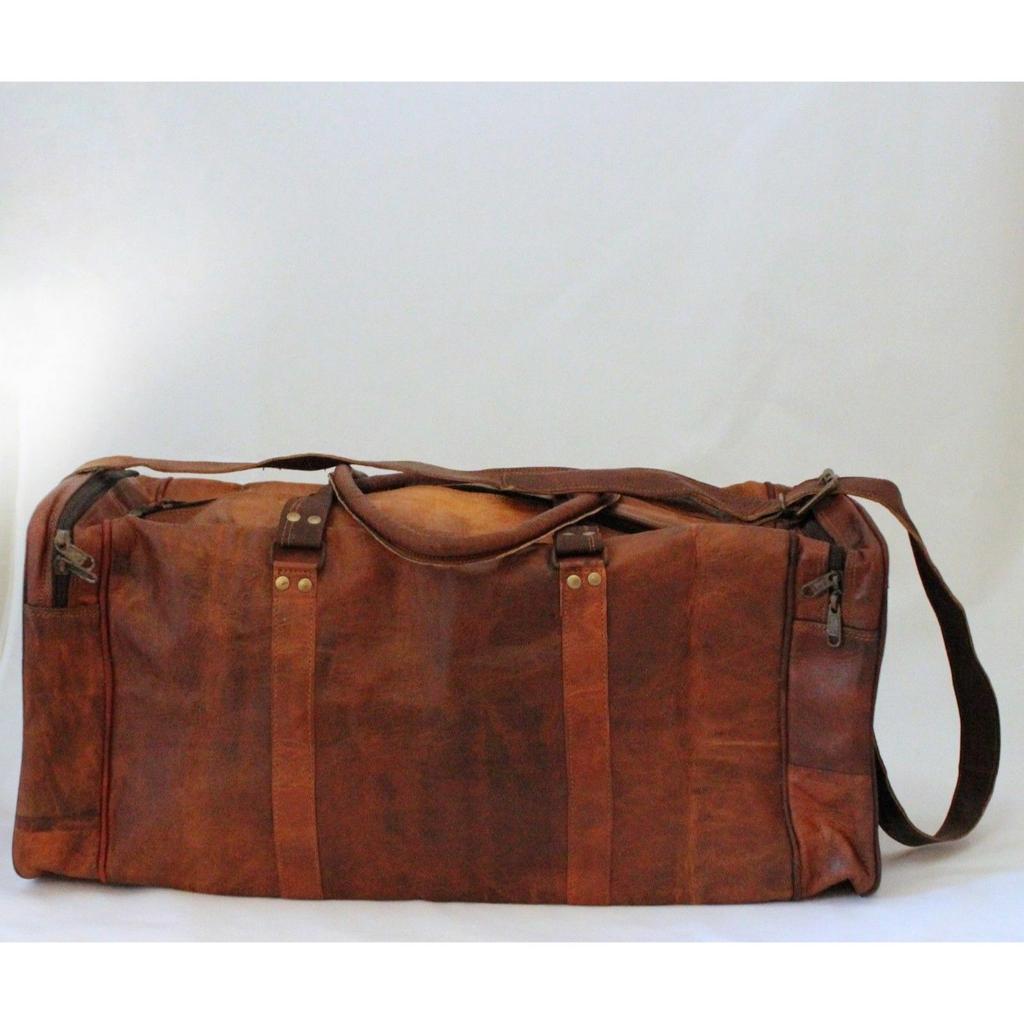 Herr Brun Vintage Äkta Resebagage Duffle Gym Väskor Tote Get Läder Nytt