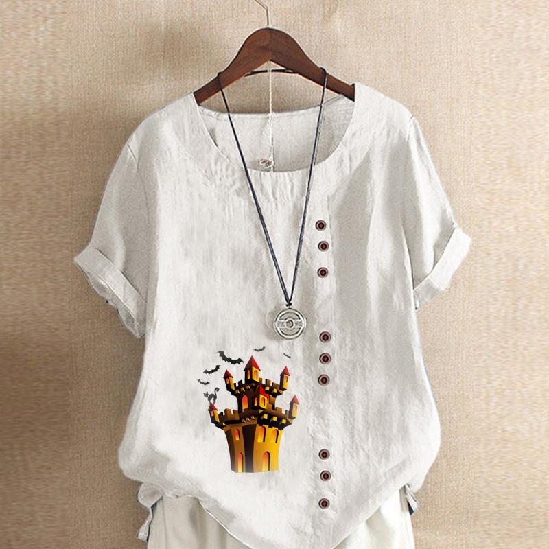Women's Fashion Haunted House Prined Round Neck Short Sleeve T-shirt Casual Cotton Linen Graphic Shirt Leisure Loose Summer Blouse Tops