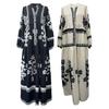 Lady Spring Maxi Dress V Neck Retro Contrast Color Printed Long Sleeves Loose Single-breasted A-line Patchwork Casual Daily Dress