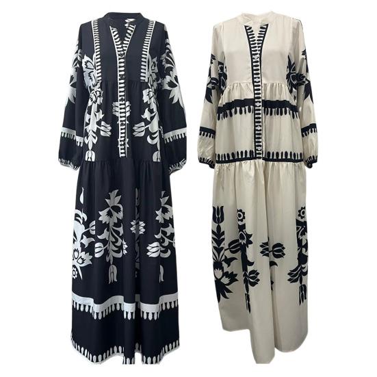 Lady Spring Maxi Dress V Neck Retro Contrast Color Printed Long Sleeves Loose Single-breasted A-line Patchwork Casual Daily Dress