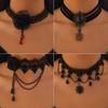 Gothic Retro Court Oval-shaped Hollowed-out Lacework Pendant Black Water Drop Bead Tassel Flower Lace Necklace for Women Jewelry