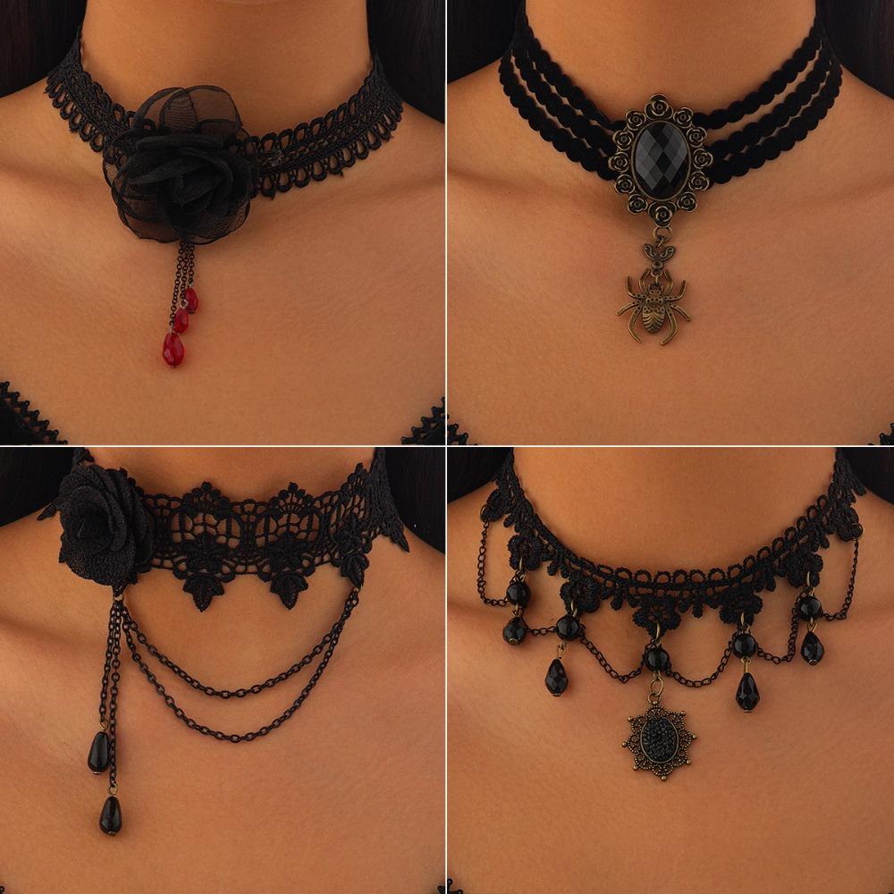 Gothic Retro Court Oval-shaped Hollowed-out Lacework Pendant Black Water Drop Bead Tassel Flower Lace Necklace for Women Jewelry