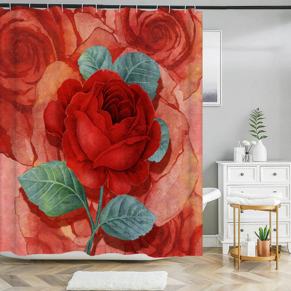 Butterfly Red Roses And Flowers Print Shower Curtain Set Anti-Slip Rugs Toilet Lid Cover Bath Mat  Bathroom Curtains Decoration