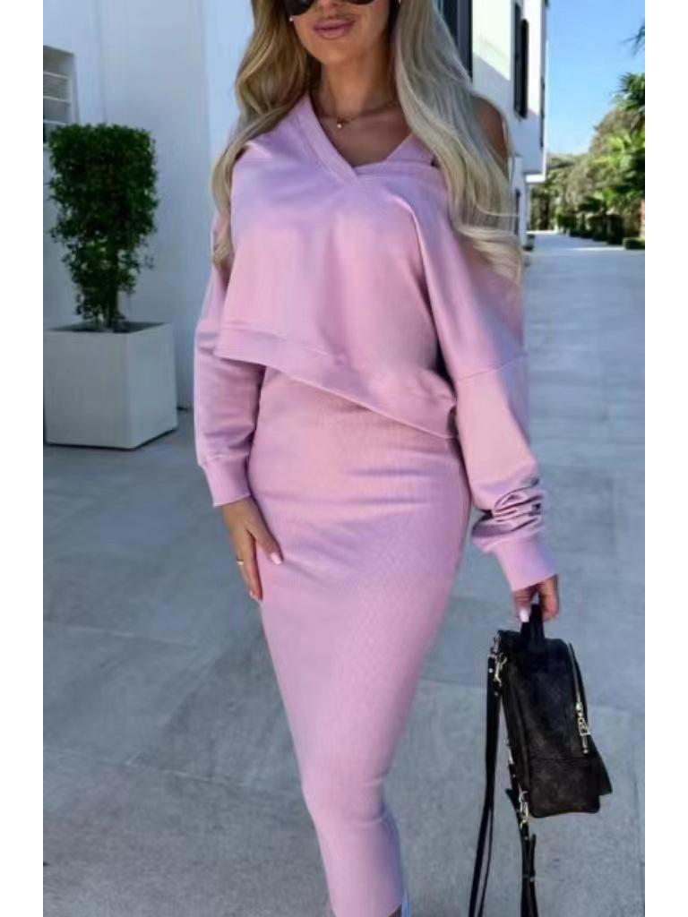 

Европейский и американский женский костюм из двух частей: жилет, юбка и свитер с V-образным вырезом на весну и осень M розовый