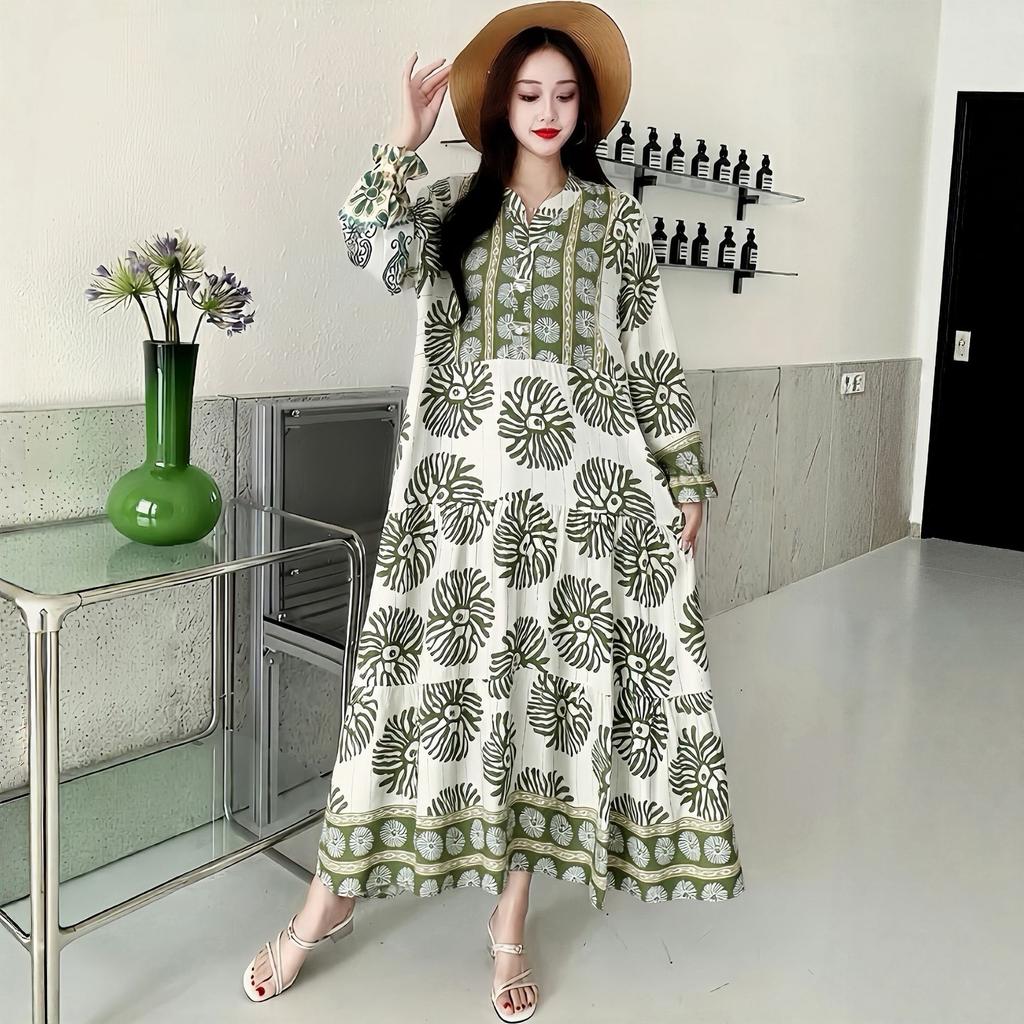South East Asia People Cotton Floral Long Dress Bohemian Long Sleeve Loose Dress Fat Girl Plus Size Maternity Skirt