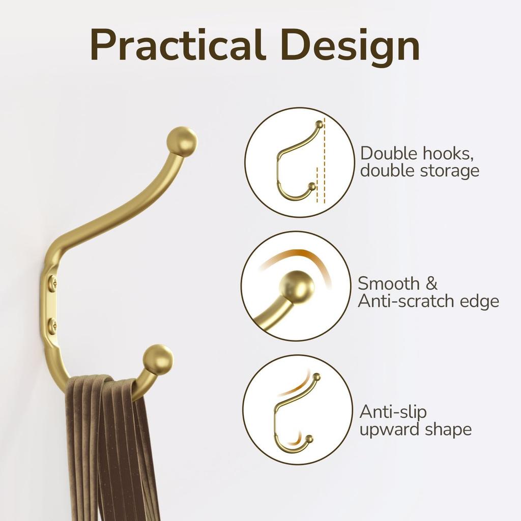 Gold Coat Hooks Wall Mount - Wall Hooks for Hanging, Heavy Duty Hooks, Mudroom Hooks, Metal Hooks for Hanging Clothes, Towels, Hats, Keys, Coats,4