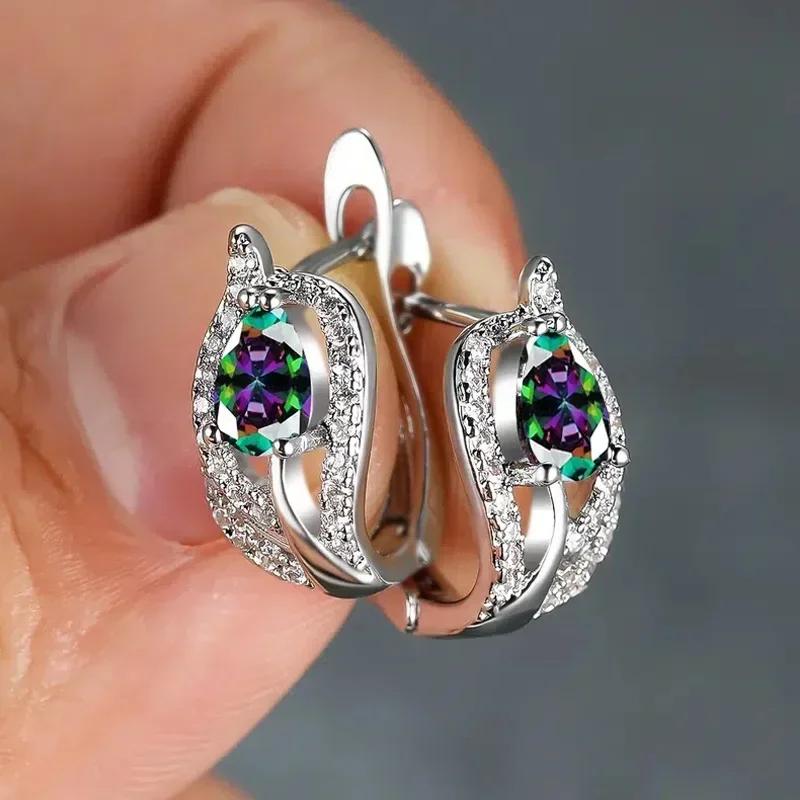 Elegant Multicolored Cz Hoop Earrings For Women Charming Purple Temperament Design Female Ear Jewelry Accessory For Wedding