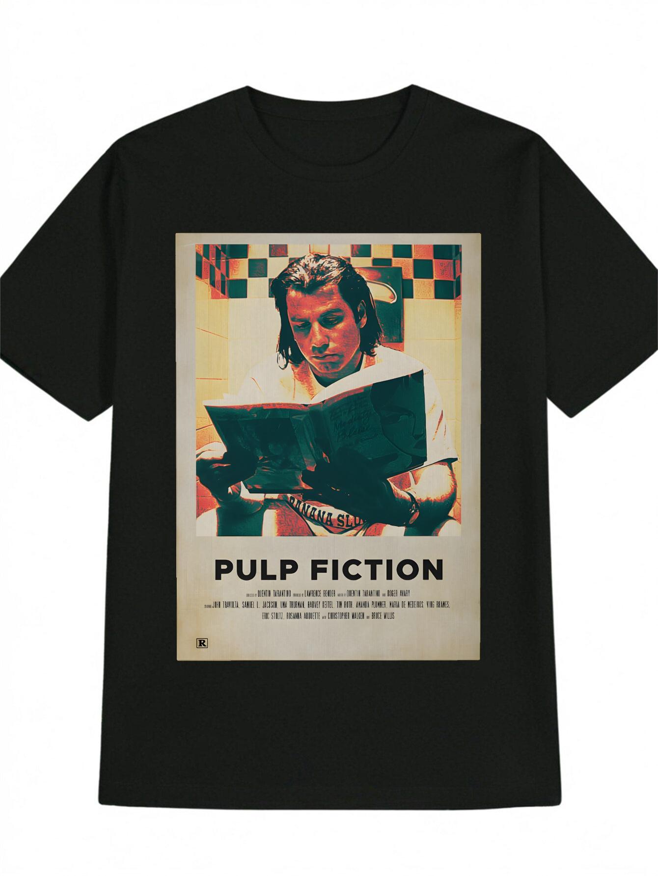 Casual Crew Neck T-shirt with Pulp Fiction Movie Graphic - White with Black Print S