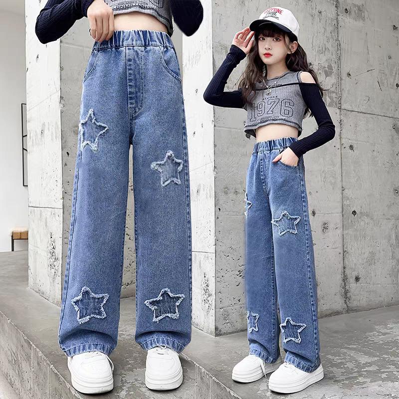 Bestickte Wide-Leg Jeans für Mädchen für Frühling & Herbst - Gerader & Lockerer Schnitt für Kleine & Ältere Mädchen