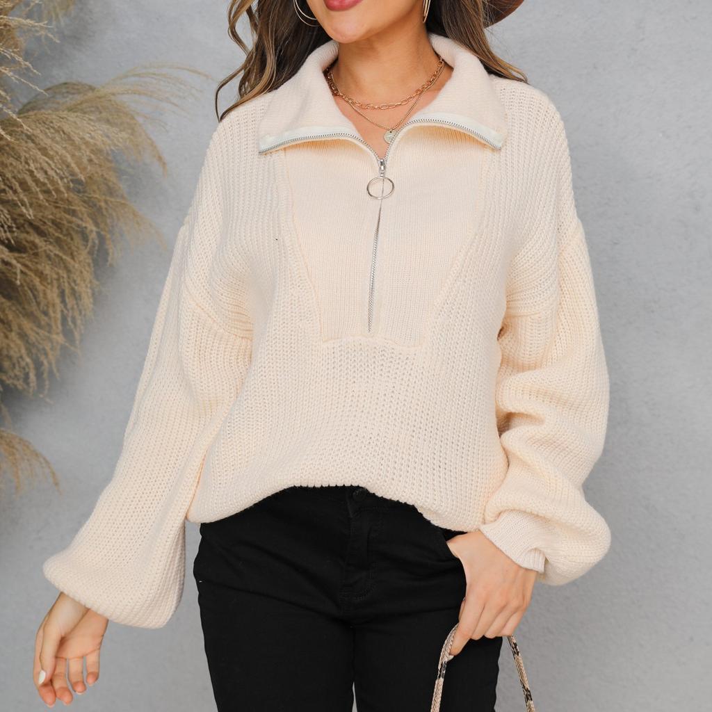 Damen und Winter Pullover Reißverschluss Street Gestrickt Revers Einfarbig Pullover Jacke