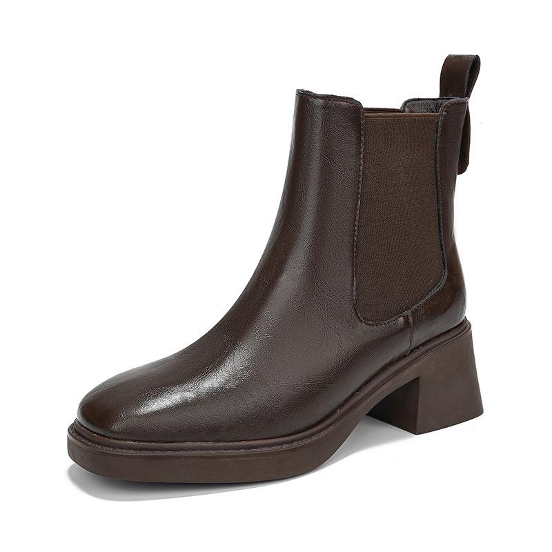 New square head British style short boots leather CM thick heel Chelsea boots children's black soft-soled Martin boots