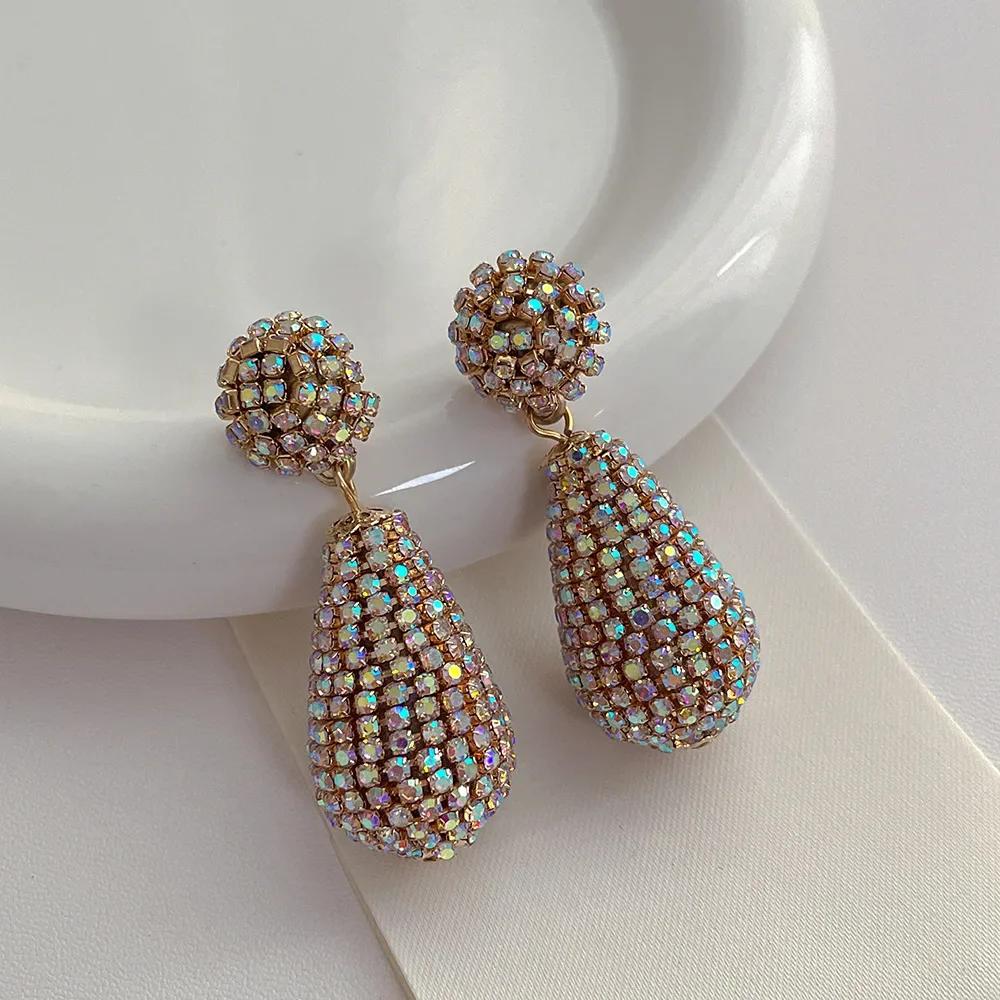Women Gold Plated Alloy Full Rhinestone Water Drop Dangle Earrings Long Hanging Jewelry
