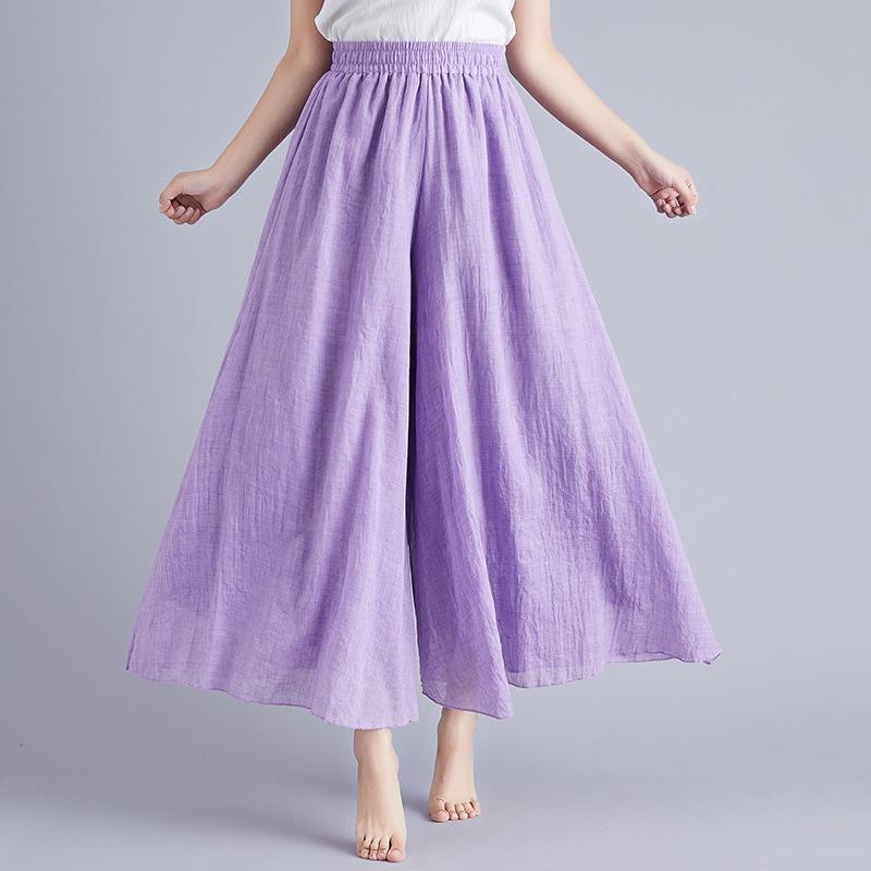 Summer Women's Trousers Artistic Large Size Cotton and Linen Wide-leg Trouser Skirt Linen Skirt Elastic Waist Solid Color Ethnic Style Trouser Skirt