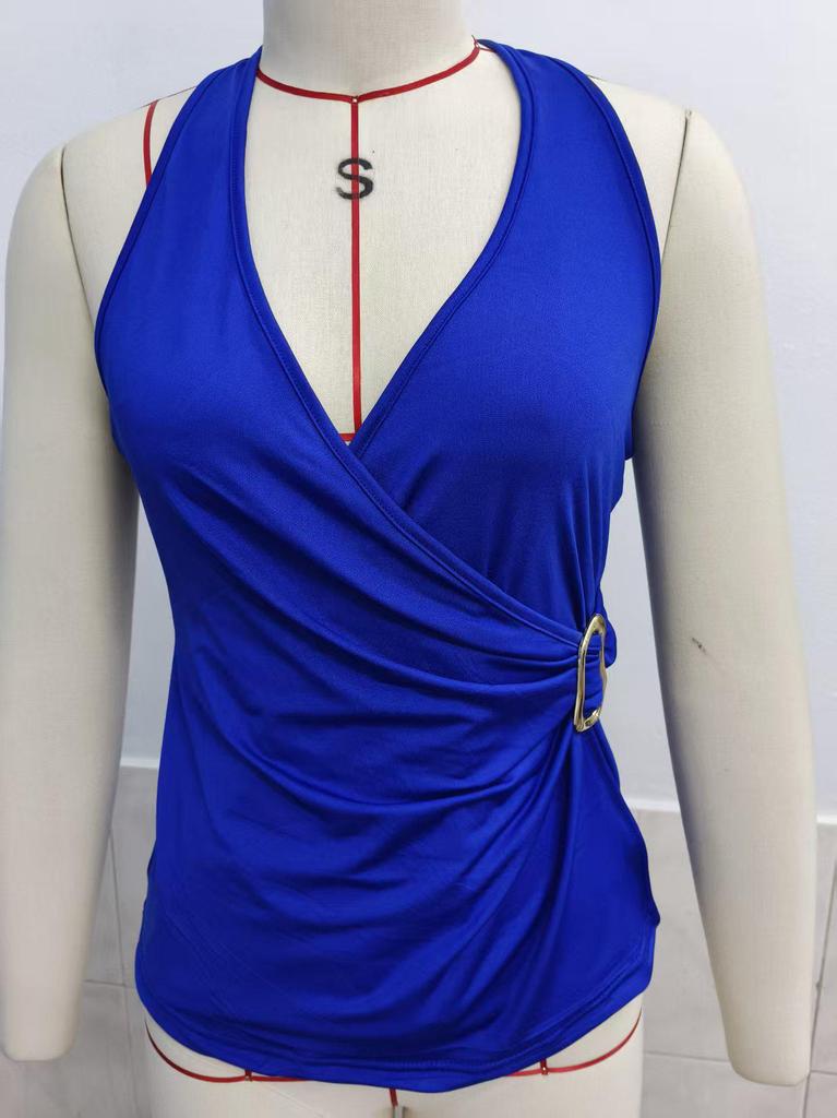 2026 Summer Solid Color Sleeveless V-neck Sexy Cross Halter Backless Women's Top