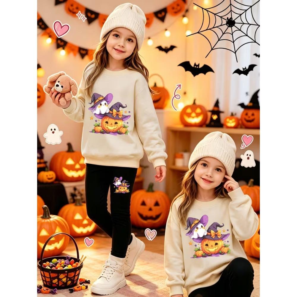 Girls' Pumpkin Ghost Casual Comfortable Soft Loose Pullover Sweatshirt and Leggings 2-Piece Set, New Autumn/Winter, Playful, Sweet and Cool Style