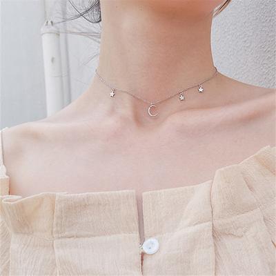 S925 Sterling Silver Necklace Simple Temperament Star Moon Necklace Neck New Zircon Five-pointed Star Crescent Choker Clavicle Chain for Women