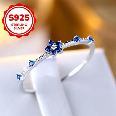 Elegantné kvetinové modré zirkónové prstene pre ženy CZ 925 mincový striebro stohovateľný prsteň na prst Estetické šperky