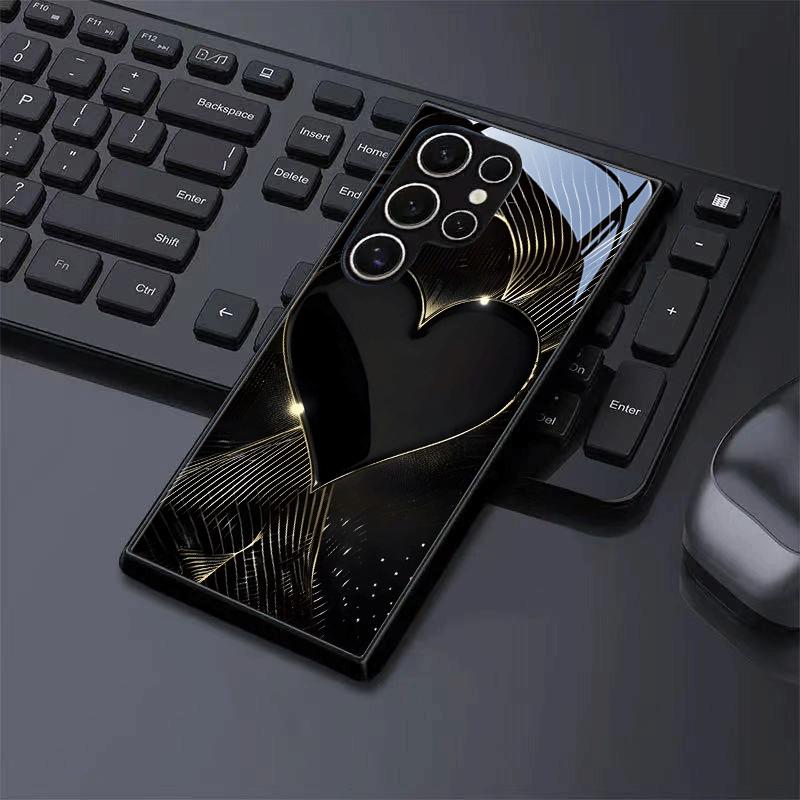 Black gold heart-shaped tempered glass phone case suitable for Samsung Galaxy S26 S25 S24 S22 S21 S20 FE/Ultra/Plus5G anti drop