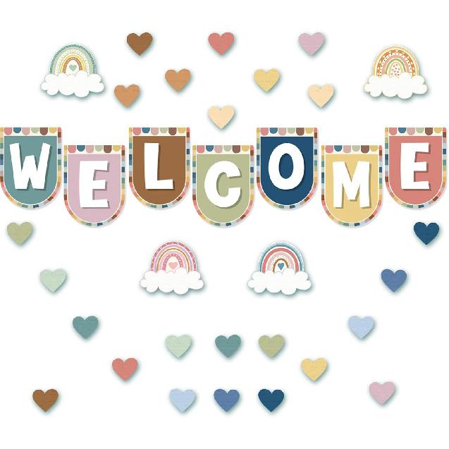 35 Pieces Welcome Bulletin Board - Bohemian Classroom Flags Welcome Back to School Banner Poster with 50 Adhesive Dots for Teachers and Students